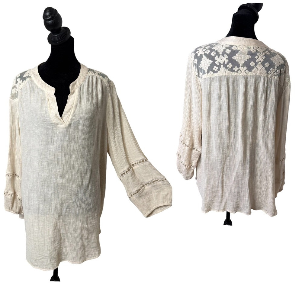 BOHO Cottagecore Lace Crochet Crinkle Gauze Peasant Tunic Top Womens 1X Ethereal